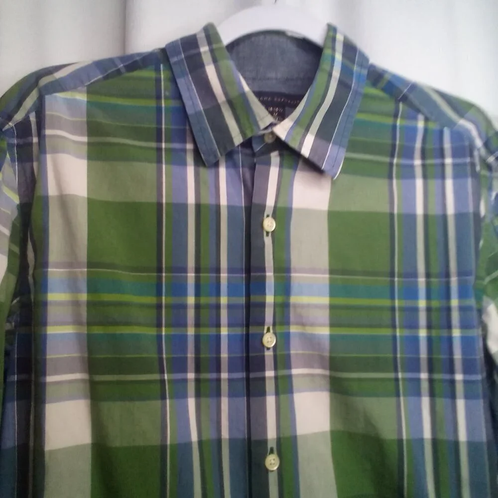 Banana Republic Shirt Men M 15-15 1/2 Button Up Long Sleeve Plaid Blue Green